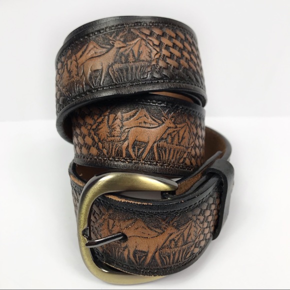Accessories - Hand Tooled Brown Deer Nature Genuine Leather Belt